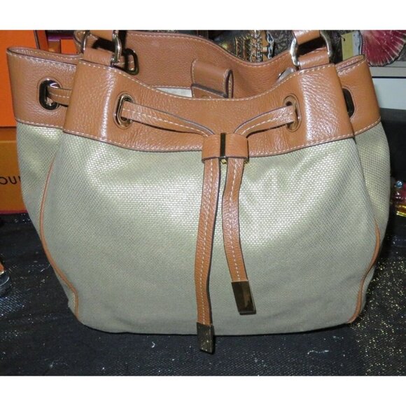 Michael Kors Marina Gold Glitter Canvas & Leather Trim Drawstring Large Tote Han - Picture 1 of 13